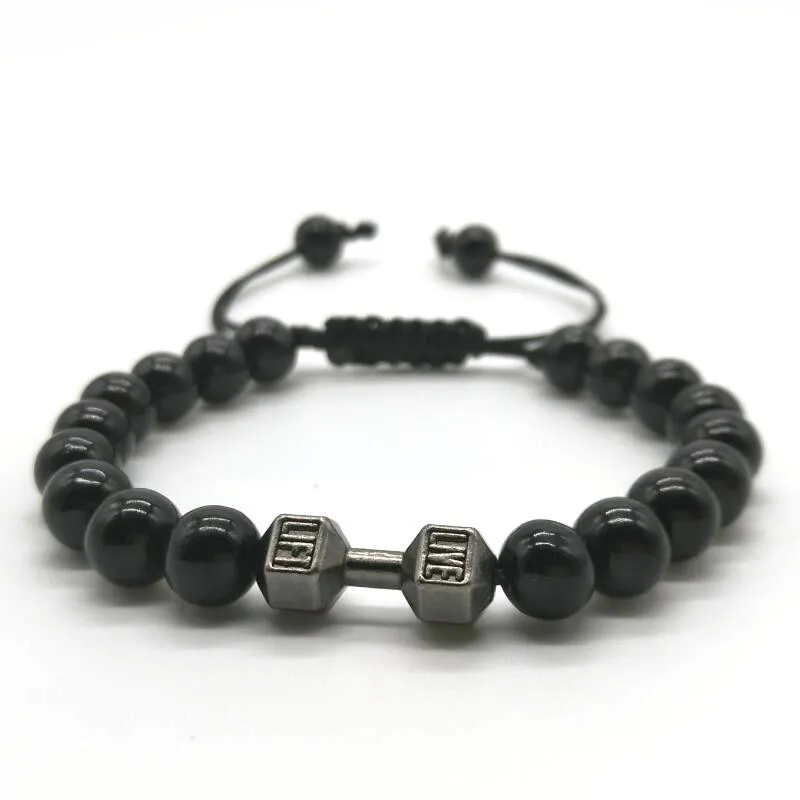 Classic 8mm Black Stone Beaded Bracelet Fitness Fit Life Prayer Dumbbell Bracelets for Women Men Couple Jewelry Woven Adjustable