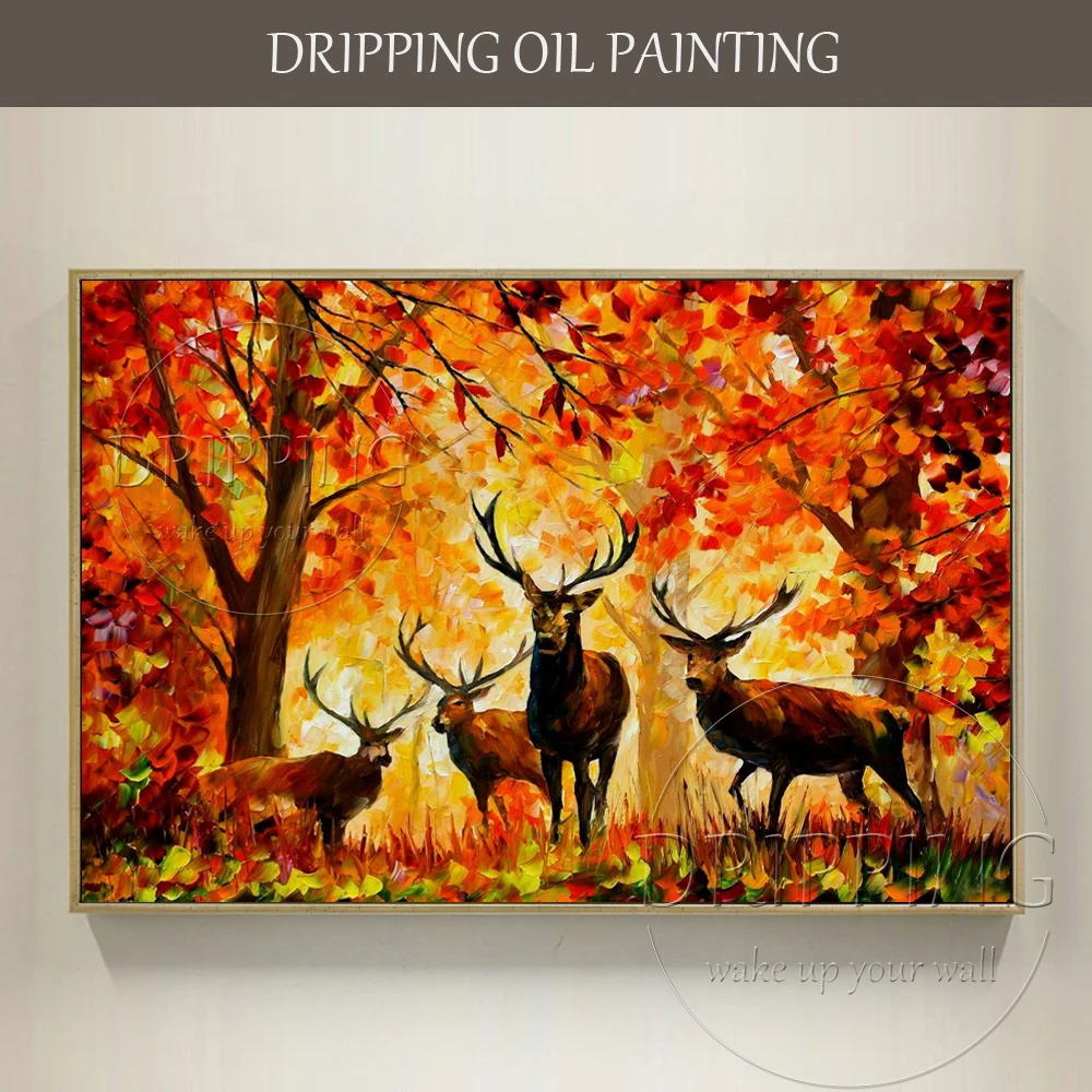 

Excellent Artist Hand-painted High Quality Knife Painting Reindeer Oil Painting Bright Colors Reindeer in Forest Oil Painting