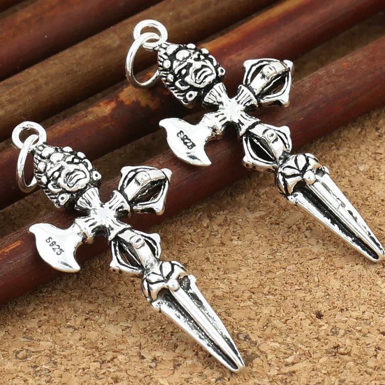 Handmade 925 Silver Dorje Knife Amulet Sterling Silver Tibetan Buddhist Vajra Knife Charms Tibetan Dorje Knife Pendant