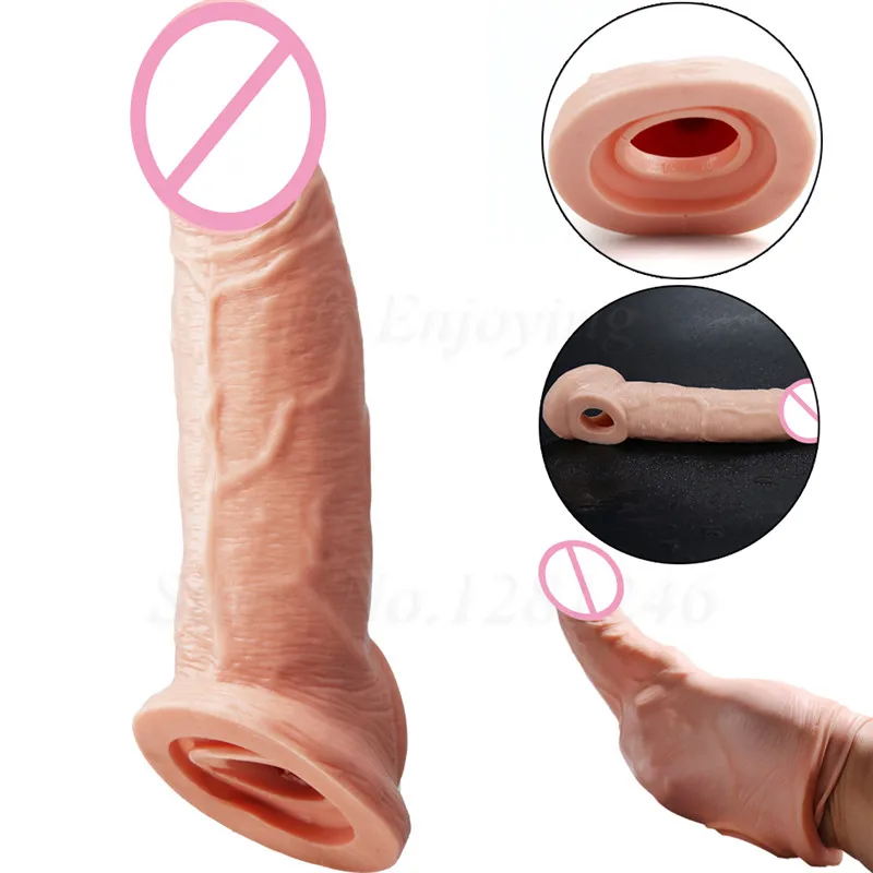 Thick Reusable Condom Dildo Cock Ring Enhancer Realistic Big Male Penis Sleeve Extender Enlargement Delay Time Sex Toys For Men