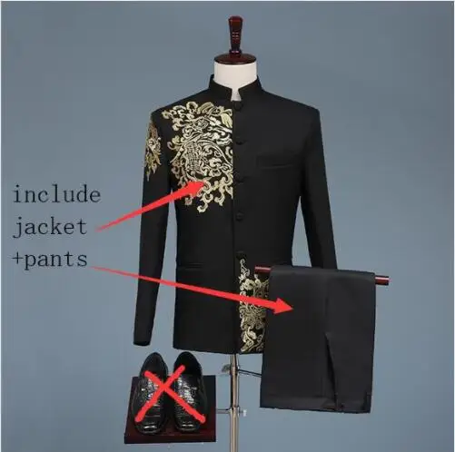 Chinese style Gold Embroidery Blazers Prom Host Stage Outfit Male Singer Teams Chorus Wedding Costume Black White Men\'s Suits