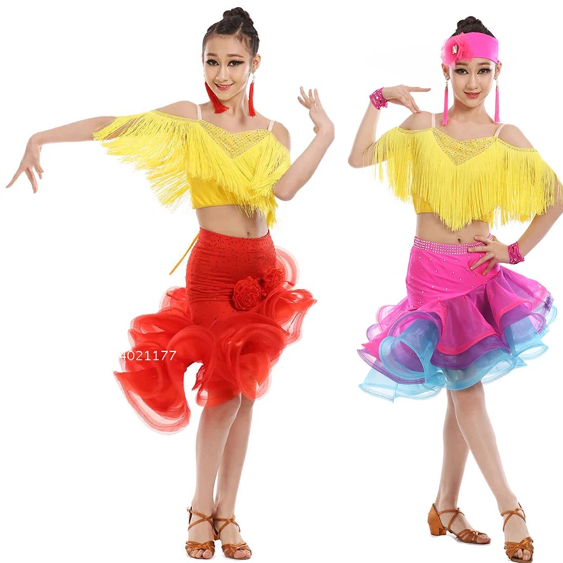 Kids Tassels Latin Salsa Ballroom Stage wear Dance Competition Dresses Costumes for Girls Dancer Wear Dancing Clothes