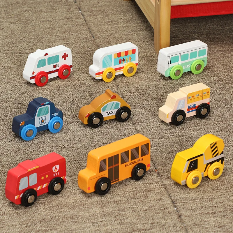 Children\'s Toy car magnetic wooden scene car fire truck car ambulance compatible wooden BR train children\'s toys W2