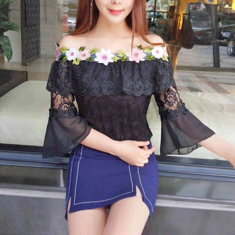 2018 Vrouwen Zomer Mesh Shirt Zoete Bloemen Kant Blouse Vrouwelijke Slash Hals Korte Mouw Blouses Blusas Dieptepunt Korte Tops AB848