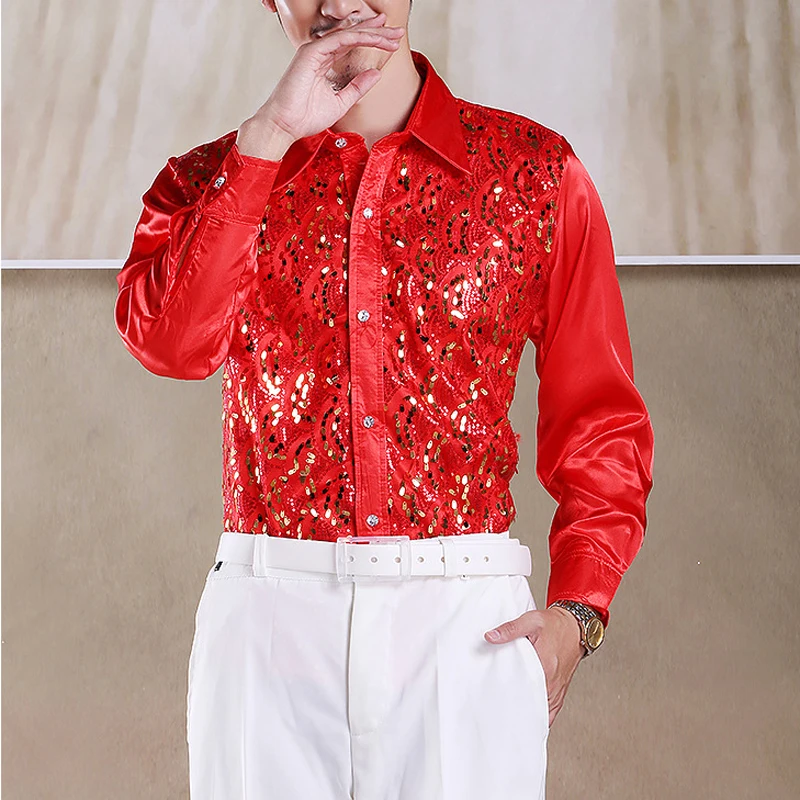 Mens Wave Pattern Sequin Club Party Shirts 2019 New Stage Prom Button Down Chemise Homme Dance Host Chorus Shirt Male Pink