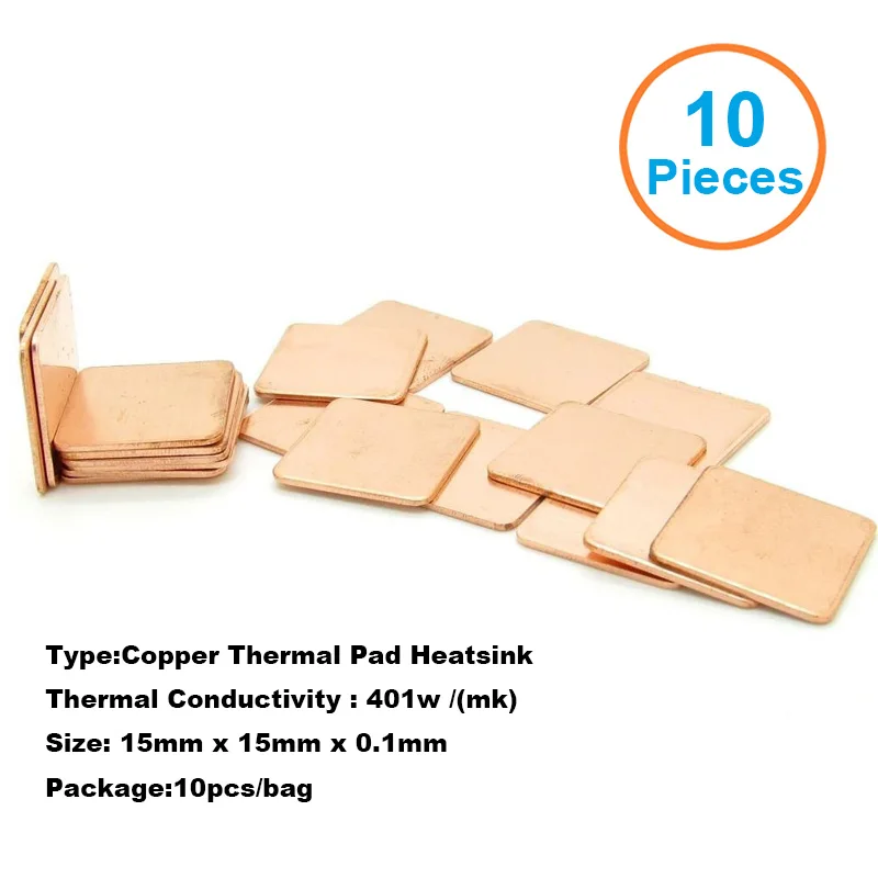 10pcs/lot 15x15x0.1mm DIY Copper Shim Heatsink thermal Pad Cooling for Laptop BGA CPU VGA Chip RAM IC Cooler Heat sink