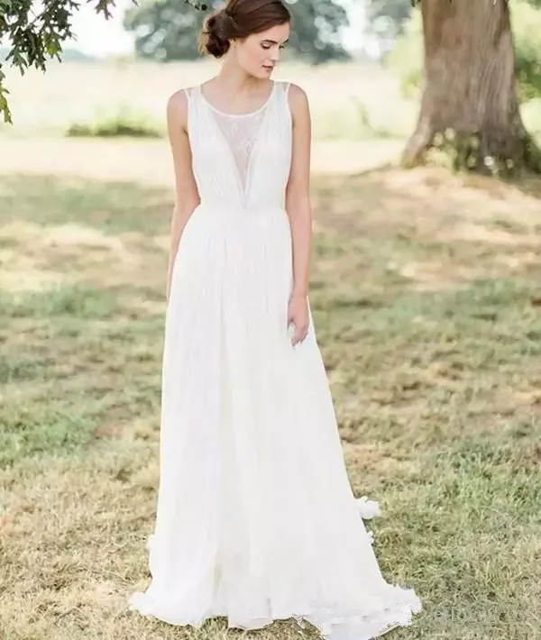 Vestidos de Novia de playa, línea A Simple, cuello transparente, sin mangas, gasa de encaje hasta el suelo, Vestidos de Novia de campo