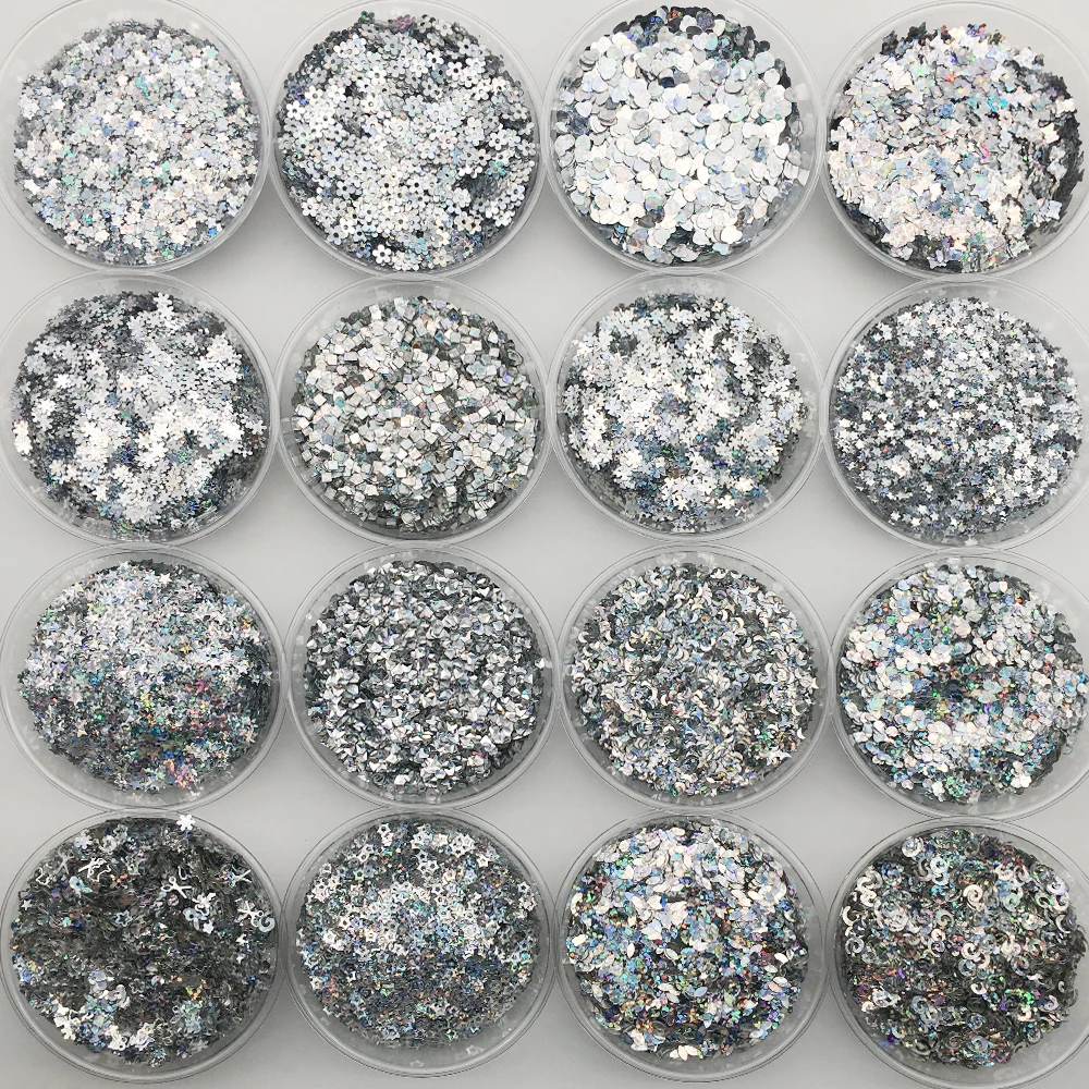 20g Laser Silver Mix Shape PVC loose Sequins Glitter Paillettes for Nail Art Manicure, Wedding Confetti,Accessories for Crafts