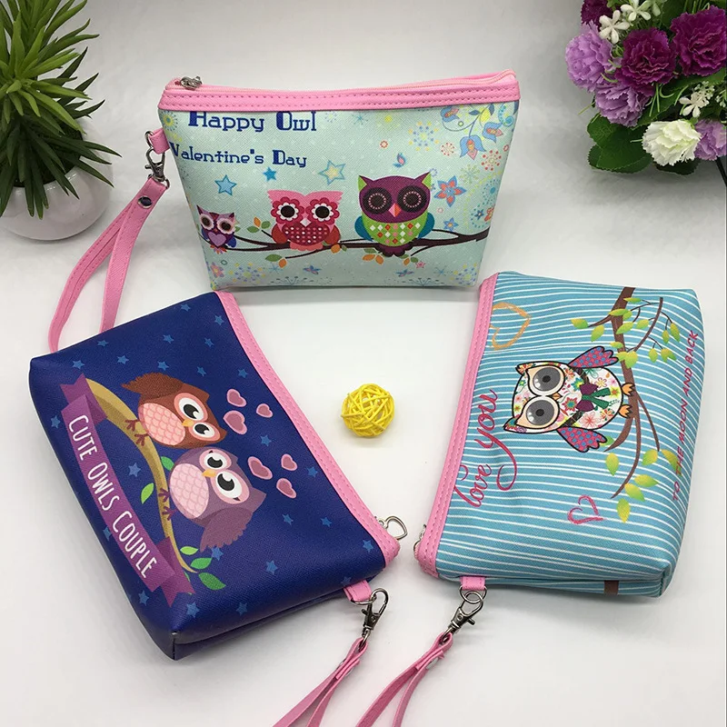 Cute Cartoon Owl PU Leather Pencilcase Pen Pouch Women Cosmetics Storage Bags Handbag Coin Wallets Student Stationery Party Gift