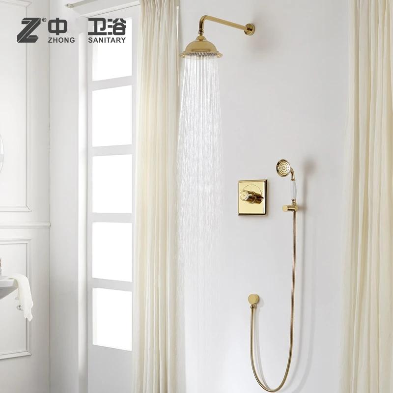 Gold Solid brass bathroom wall mounted shower faucet square golden Cold and hot water mixing valve shower set