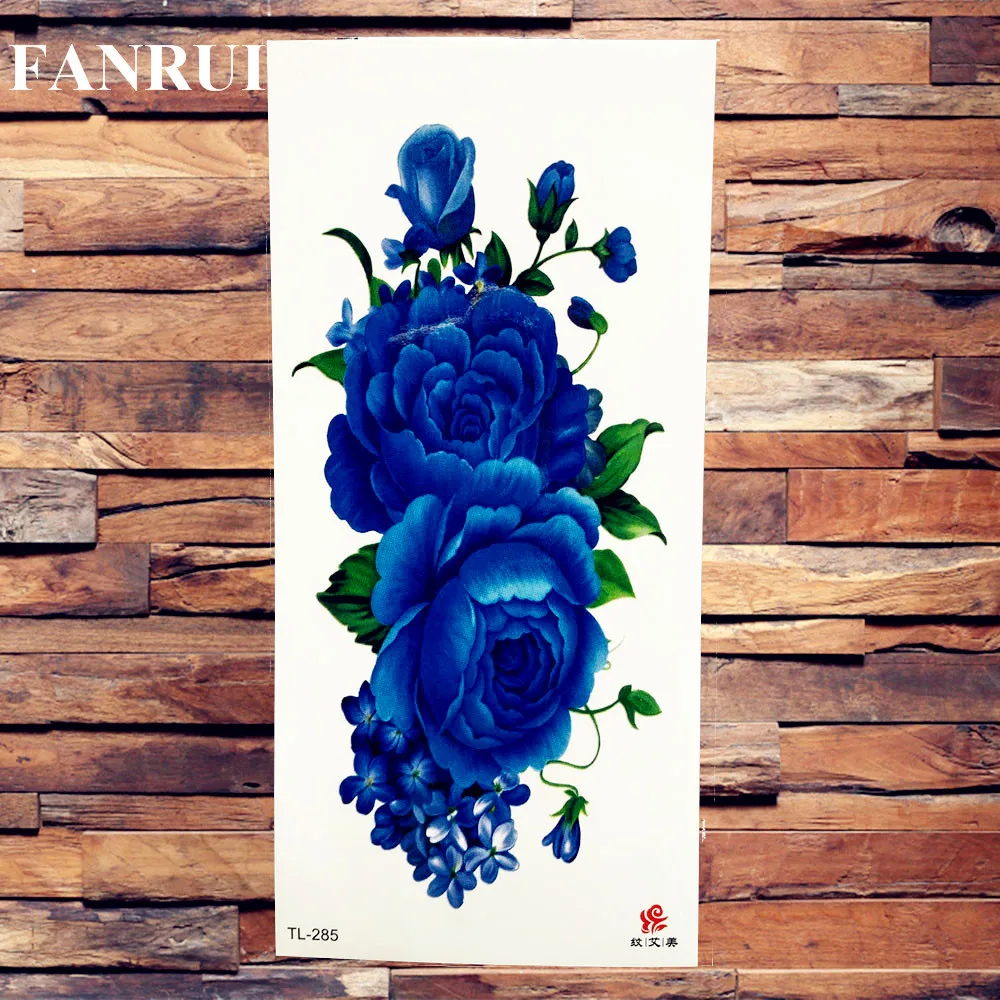 Fake Large Waterproof Blue Flower Rose Peony Temporary Tattoos For Women GIrls Sticker Body Art Arm Tattoo Paper 3D Flora Tatoos