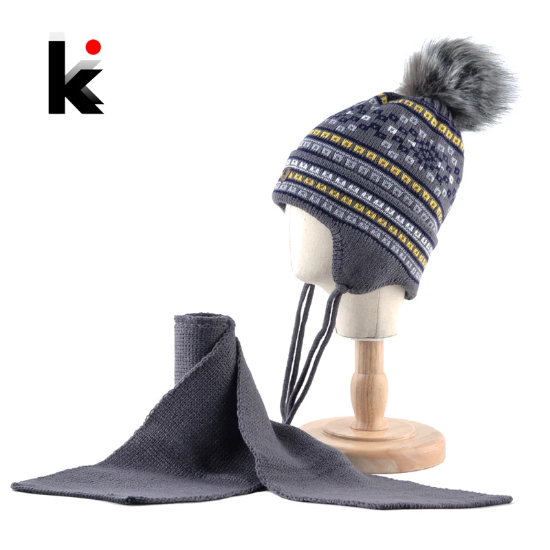 

K Brand Kids Winter Hat Scarf Set For Boys Imitation Fur Pompom Knitted Beanie Baby Children Warm Hats With Ear Protection Cap