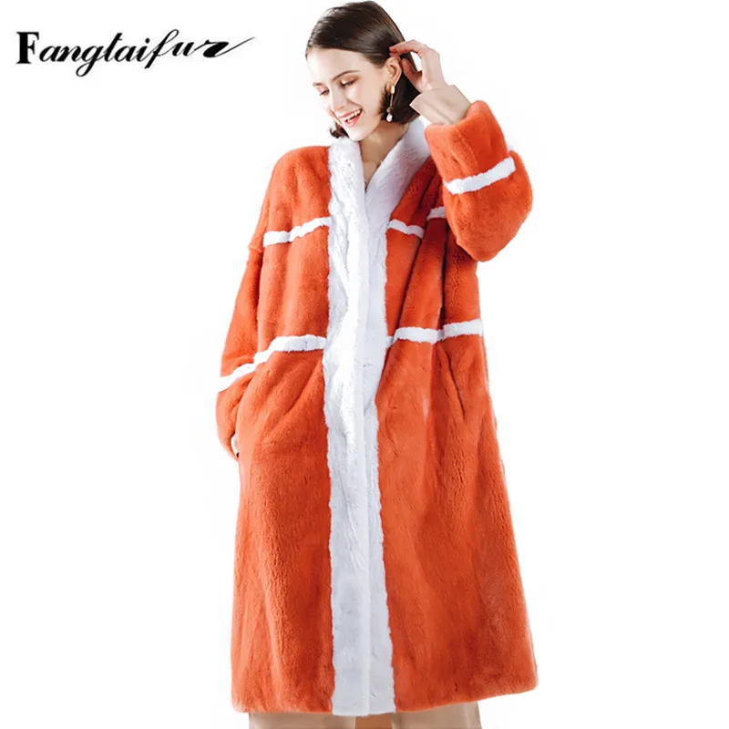 

Ftangaiur Winter Women Import Crown Velvet Mink Fur Coat V-Neck White Striped Mink Coat X-Long Real Mink Fur Coats