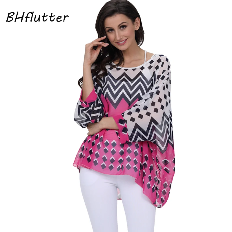 BHflutter Women Blouses 2018 New Fashion O neck Batwing Summer Blouse Boho Style Beach Chiffon Shirts Tops Plus Size 4XL 5XL 6XL