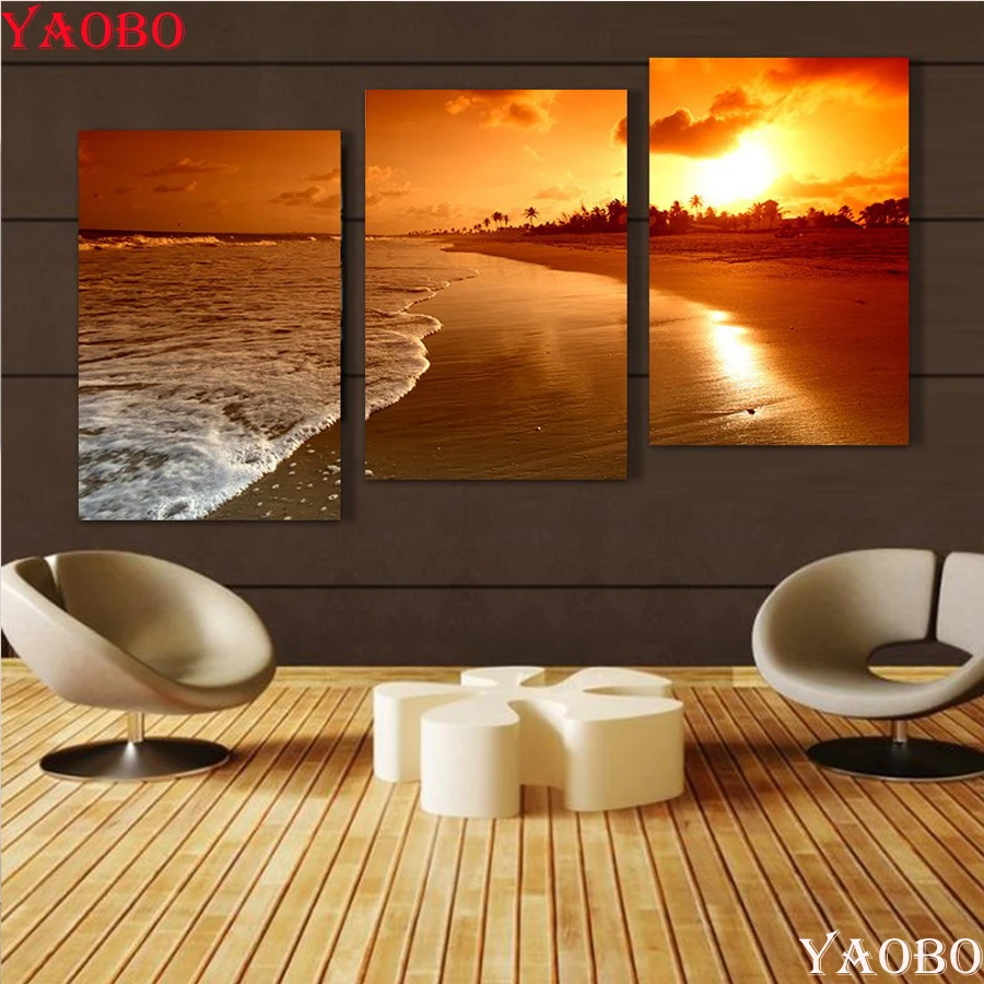 5D DIY Diamond Painting beach sunset landscape Cross Stitch 3pcs/set Diamond mosaic diamond Embroidery for living room decor art