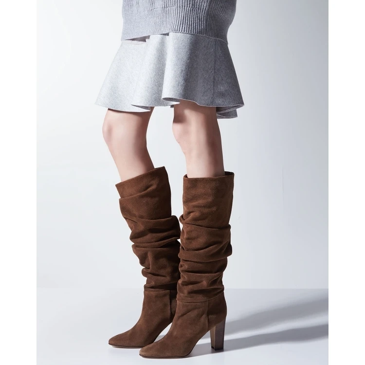 Women Chic Coffee Brown Suede Dress Boots Chunky Heels Folded Knee High Boots Thick High Heel Pleated Tall Boots Gladiator Heels