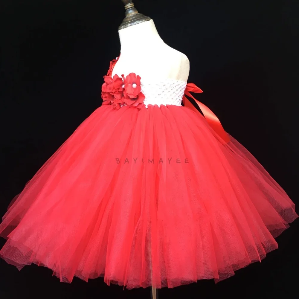 Vestido Rojo tutú para niñas, vestido de tul esponjoso de un solo hombro con diadema de flores de perlas, vestidos de fiesta de boda para niños