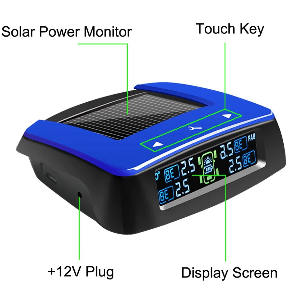 Tire Pressure Monitoring System Solar Power Monitor Touch panel Car TPMS with 4pcs External sensor