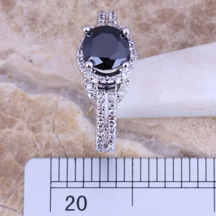 Black Cubic Zirconia White CZ Silver Plated Ring Size 5 / 6 / 7 / 8 / 9 / 10 / 11 / 12 S0442