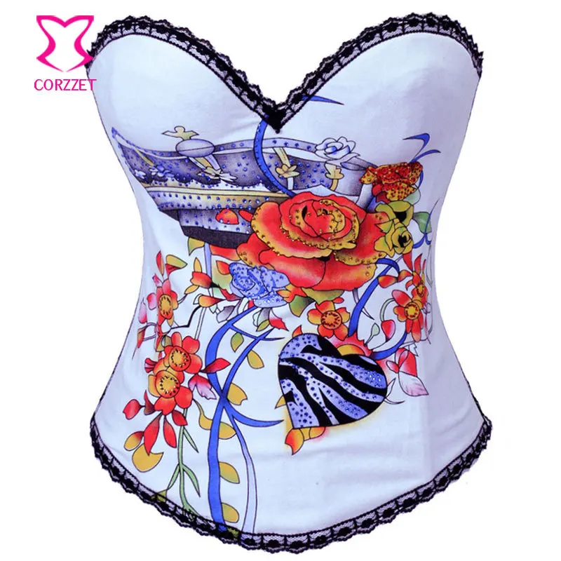 

White Cotton with Rhinestone Floral Pattern Bustier Corset Burlesque Costume Corsets and Bustiers Sexy Gothic Korsett For Women