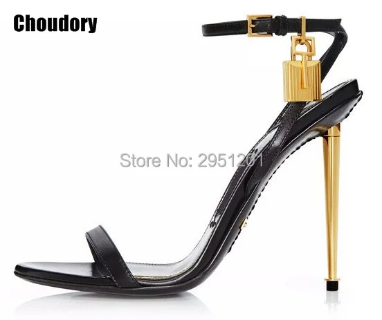 Hot Sale 10 cm Sexy Women Summer High Heel sandals Open Toe Gold Lock Ankle Strappy Strap Celebrity Shoes Gladiator Sandals