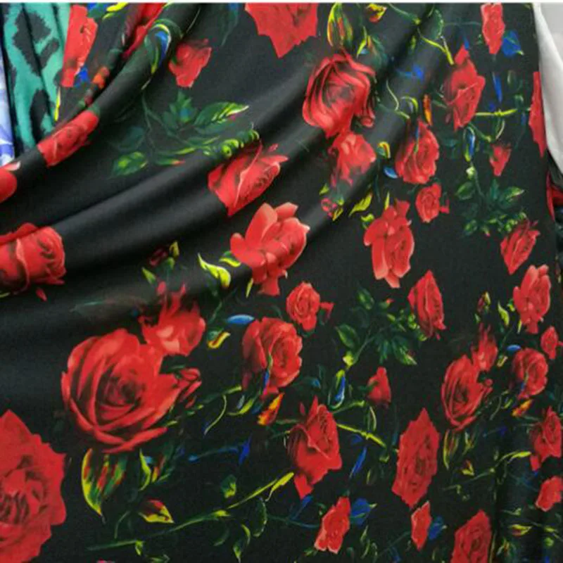 Good 4 Side Elastic Dance Fabric Cotton/Spandex knitted Fabric Red Rose Flower Print Fabric DIY Sewing Dress Clothing T-Shirt