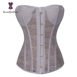 High quality metal busk clips steel boned corset white bridal corset sexy transparent floral lace women bustier 8321#