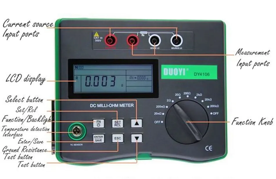 Digital Microhmmeter Resistance Tester 100 u-200k ohm With Temperature Compensation