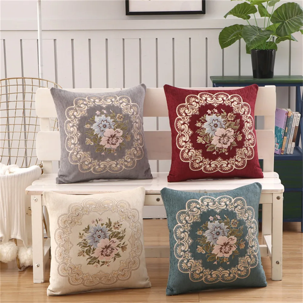 

45x45cm Chenille Embroidery Peony Flower Sofa Chair Cushion Cover Car Seat Office Home Living Room Decor Throw Pillowcase