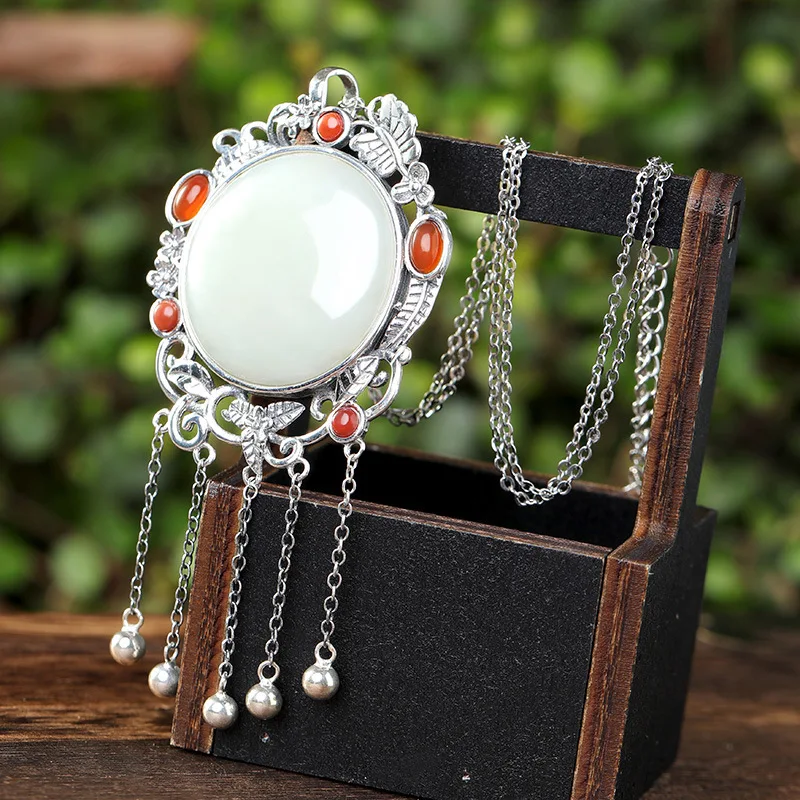 S925 Silver Hotan Jade and White Jade Mosaic South Red fringed Woman Retro Sweater Chain Hanging Pendant Wholesale