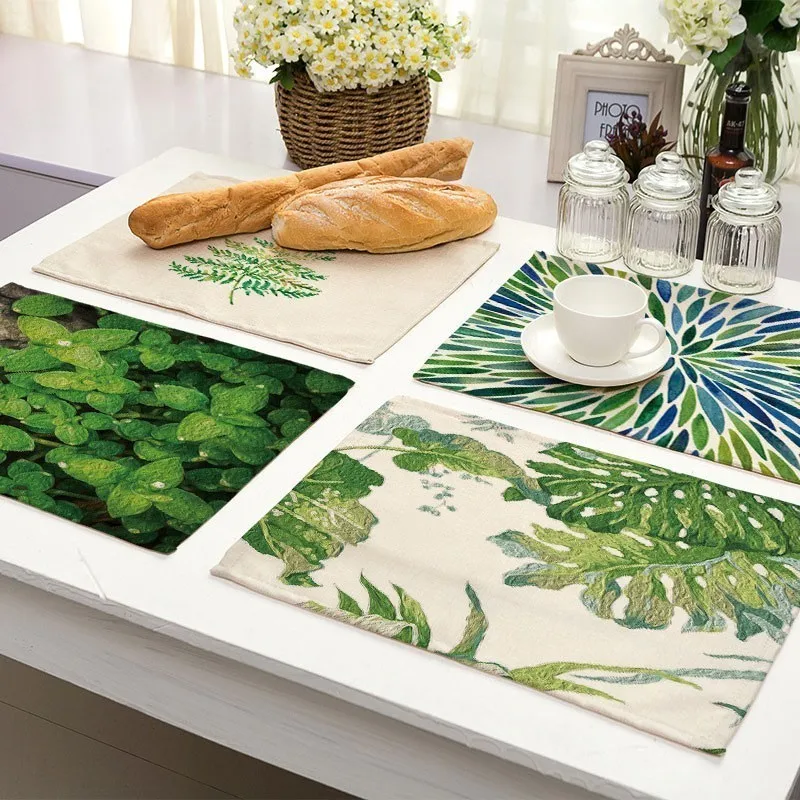 

1Pcs Green Leaf Plant Pattern Dining Table Mats Kitchen Placemat Coaster Cotton Linen Pad Bowl Cup Mat 42*32cm Home Decor MP0029