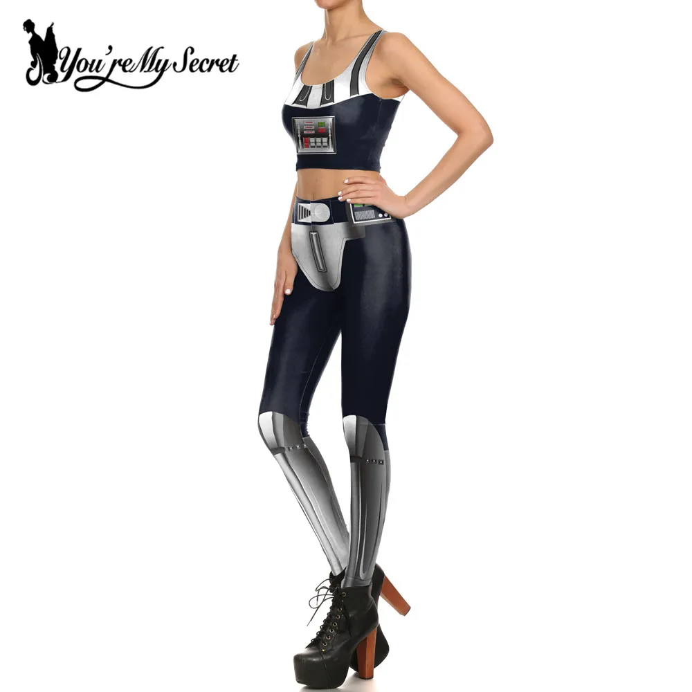 [You\'re My Secret] Fashion Cosplay Two Pieces Sets Star Print Comic Robot Leggings Women Fitness Crop Top Slim Workout Outfits