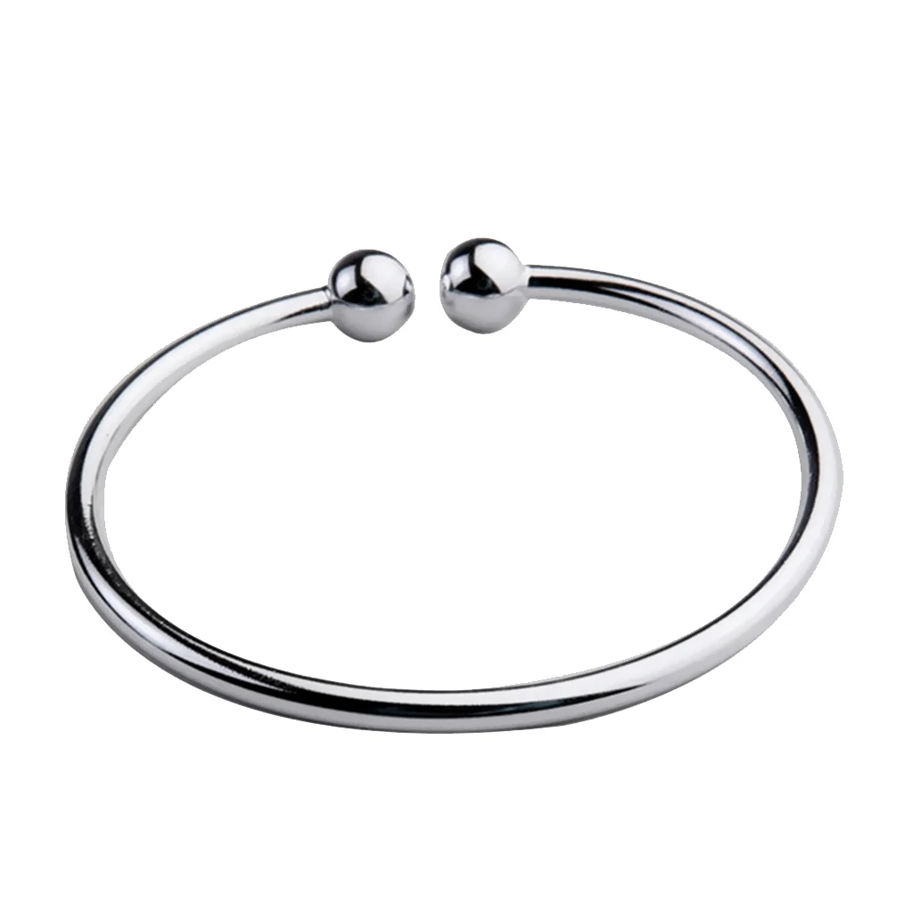 Lady Double Ball End Open Bangle Bracelet Free Size Adjustable Cuff Bracelet