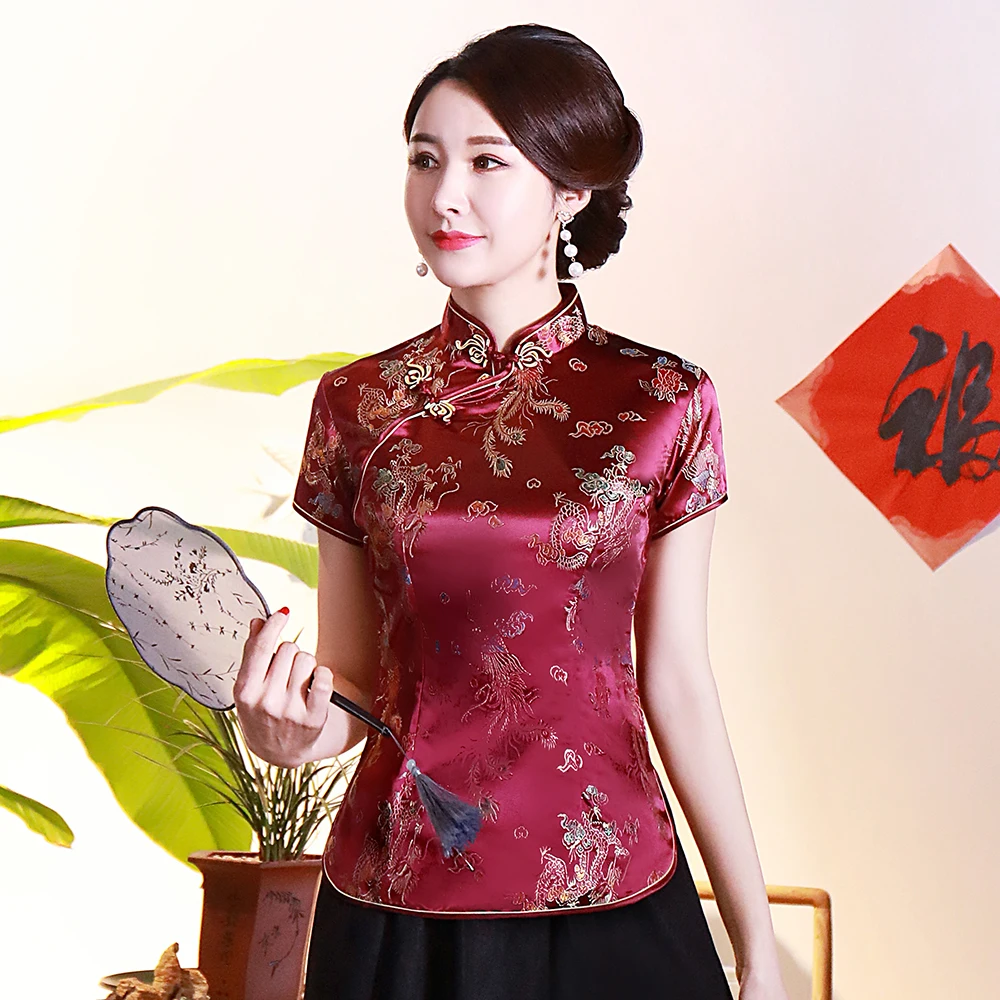 Gold Traditional Chinese Satin Blouse Summer New Sexy Short Sleeve Women Shirts Novelty Dragon&Button Top Clothing S-4XL