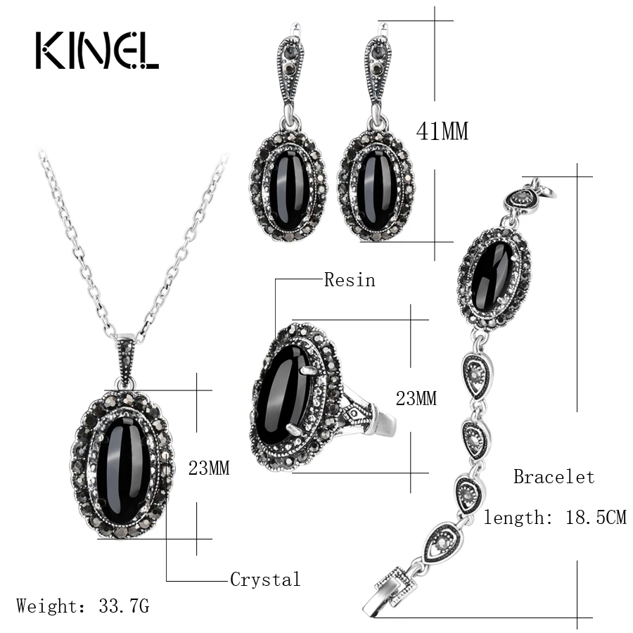 Kinel New 4Pcs Retro Jewelry Sets Black Pendant Necklace And Earring Bracelet Ring For Women Fashion Jewelry Set Gift