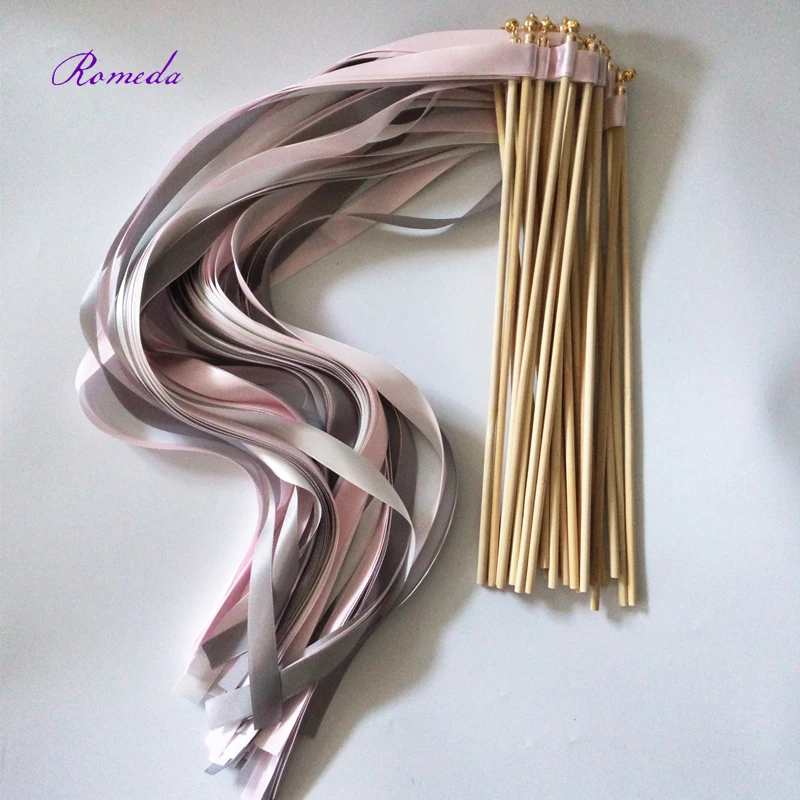 New Arrived 50pcs/lot grey pink and white Wedding ribbon Wands stick Streamers with gold Bells for wedding decoration