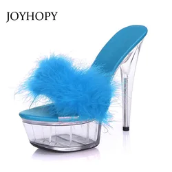 JOYHOPY Big Size 35-43 Sexy Super High Heels 15CM Transparent Crystal Sandals Slippers With Feathers Nightclub Sexy Woman Shoes