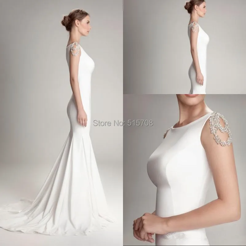 

Simple New Design Mermaid Wedding Dress Scoop Neck Sleeveless Floor Length Beading Court Train Satin Handmade Bridal Gown