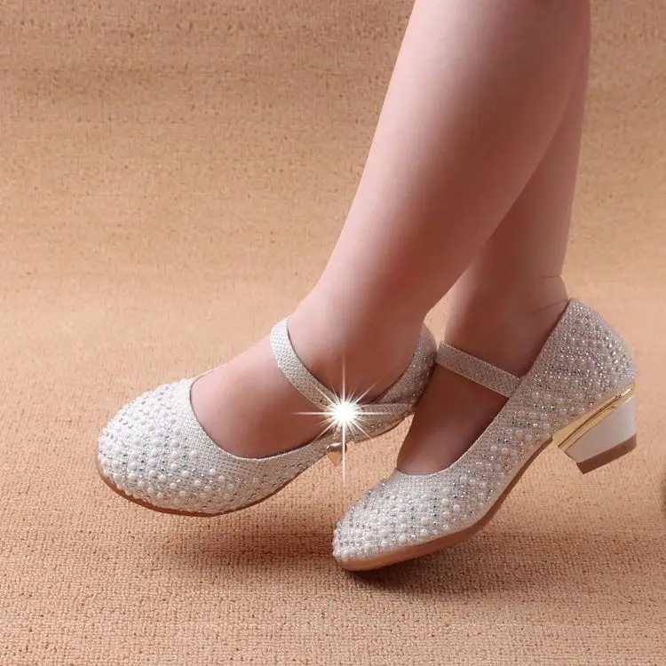 2023 Spring Autumn Wedding Shoes Girls Pearl Diamond Studded Princess High-Heeled Shinning Leather Shoes Kids Single Shoes X108