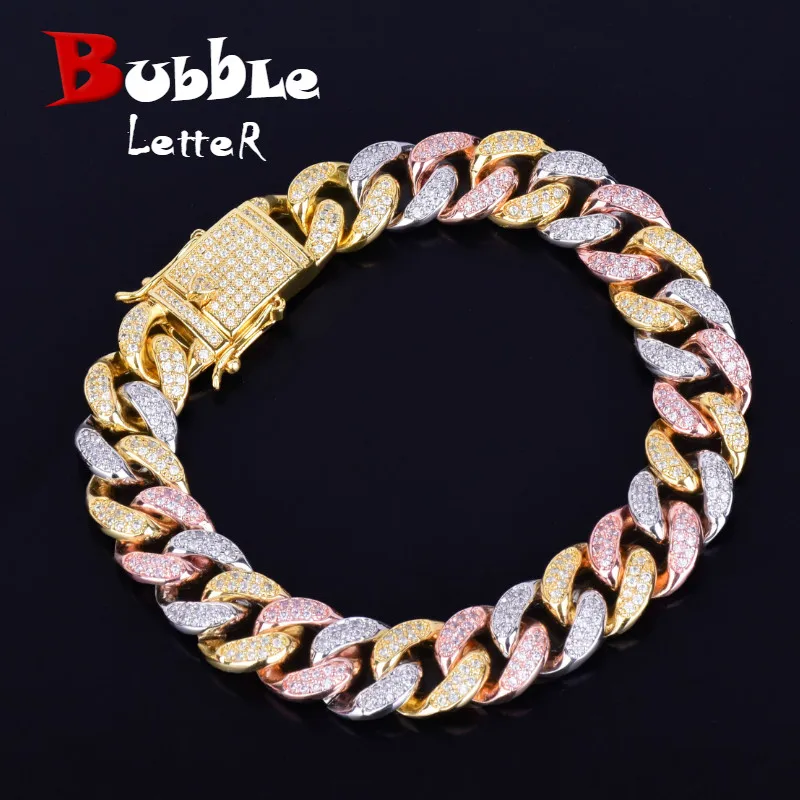 

12MM Mixed Color Cuban Chain Bracelet Men's Hip hop Jewelry Iced Out AAA Zirconia Colorful Bracelet 7" 8"