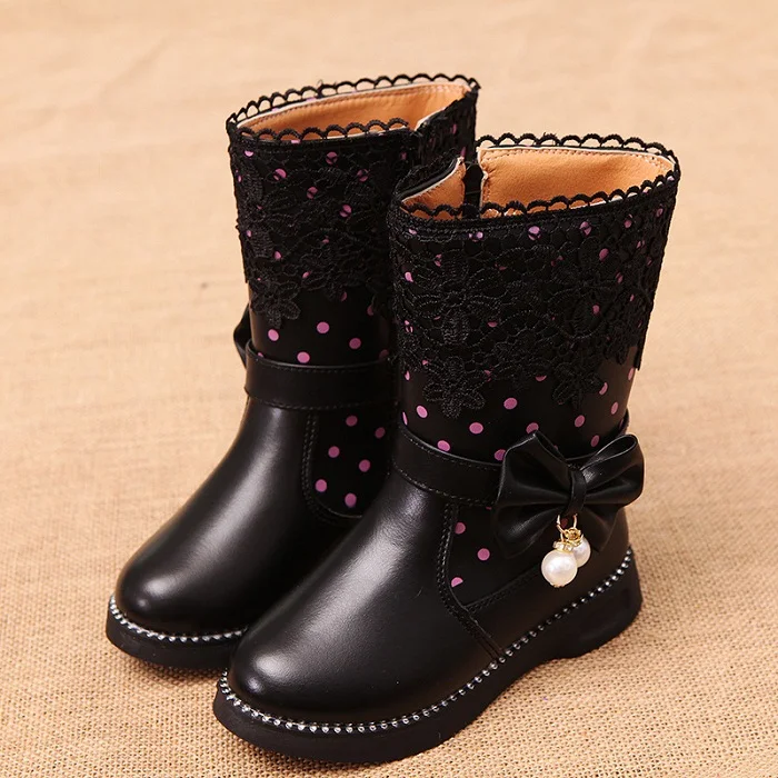 2019 Girls Winter Boots Lace Flowers Butterfly-knot Bow-tie With Pearl Pendant Princess Warm Kids Children Shoes Boots