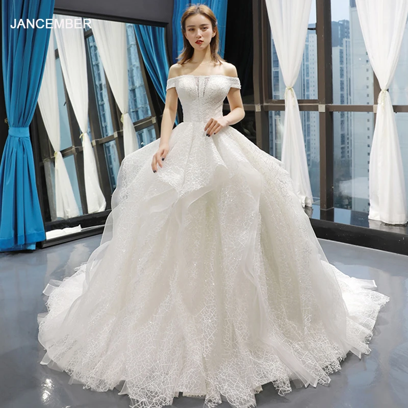 

J66761 jancember luxury lace wedding dress 2019 off shoulder boat ball gown like white bridal dress robe mariée luxe col bateau