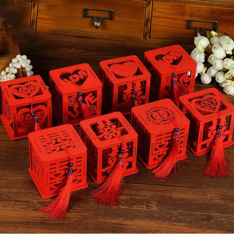 Wood Chinese Double Happiness Wedding Favor Boxes Candy Box Chinese Red Classical Casamento Sugar Case With Tassel ZA3058