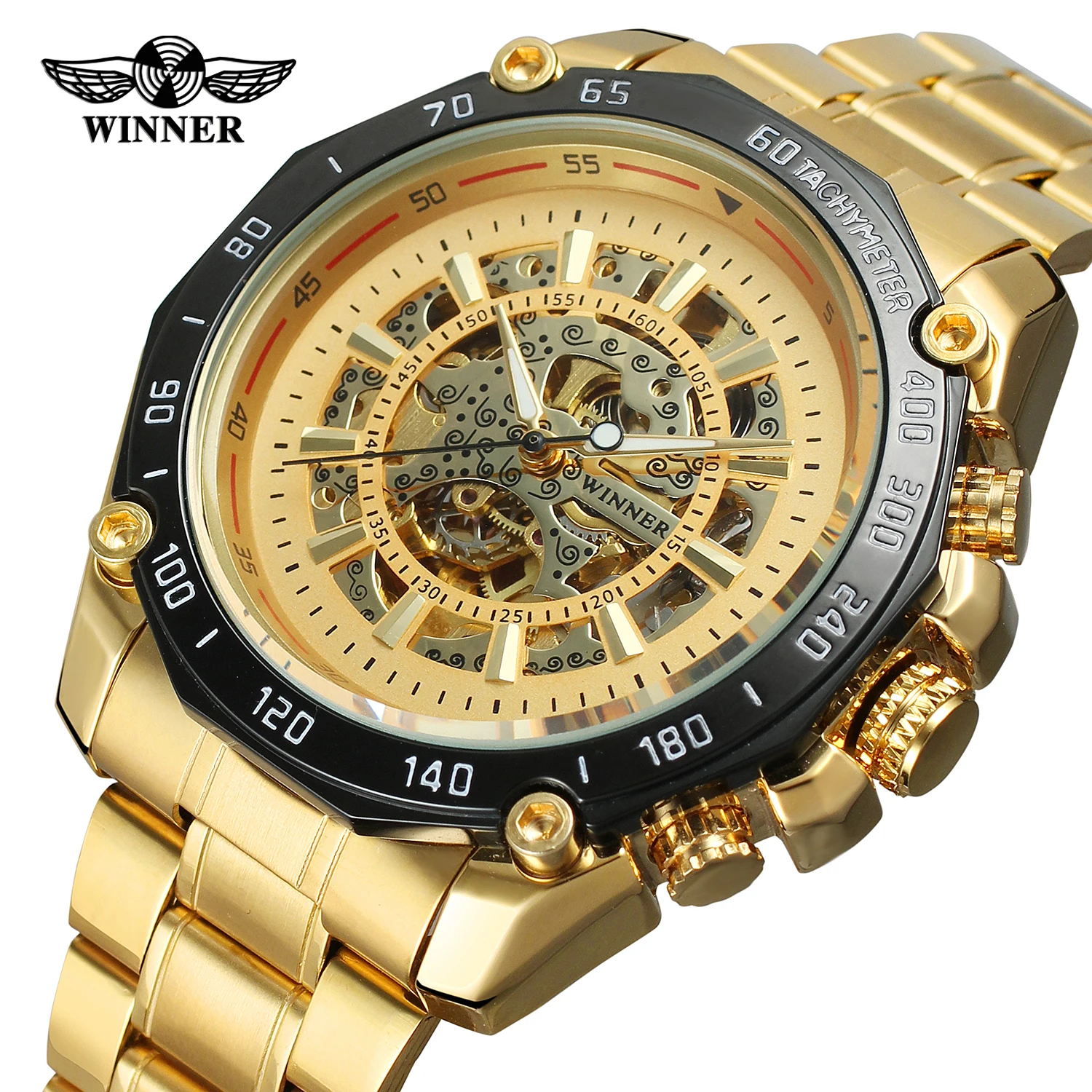 Winner Luminous Brand Gold Steel Men Automatic Mechanical Skeleton Military Relogio Male Montre Men Sport Watch Relojes Hombre