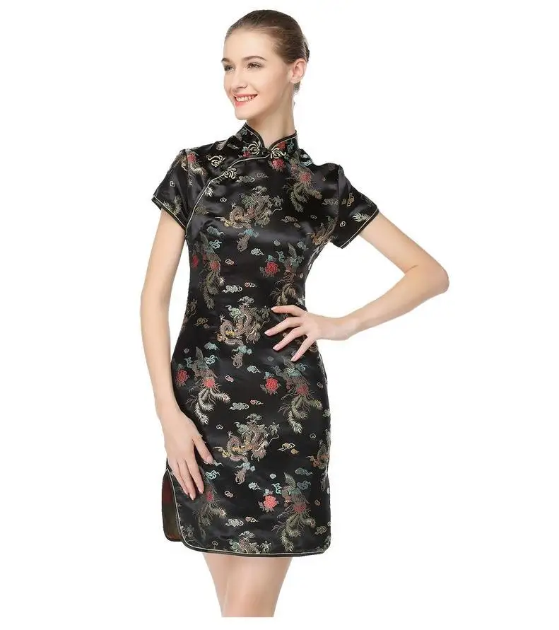 Abito tradizionale cinese nero da donna in raso Qipao estivo sexy vintage cheongsam fiore taglia SML XL XXL