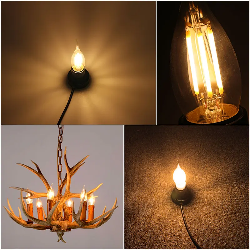 LED Filament Bulb E14 Candle Light Bulbs 4W Edison Glass C35 110V 220V Retro Antique Vintage Style Chandelier Warm White