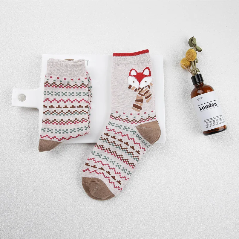 [PEONFLY] 2 Pairs/Lot Funny Christmas Santa FOX Women Socks Winter Warm Soft Cotton Cute Socks Women Xmas