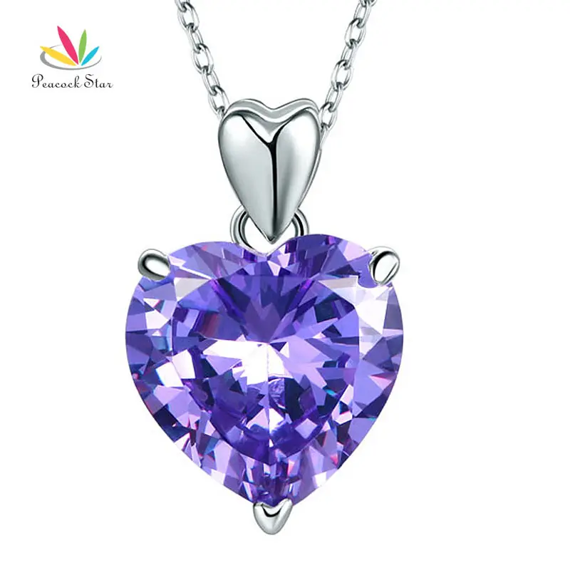 Peacock Star 925 Sterling Silver Heart Pendant Necklace 5 Carat Purple Bridal Jewelry CFN8045