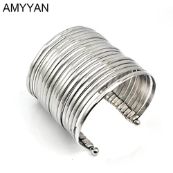 Fashion Women's Metal Multilayer Wristband Cuff Jewelry Bangle Silver Color Stainless Steel Bracelet Wide Cuff Simple