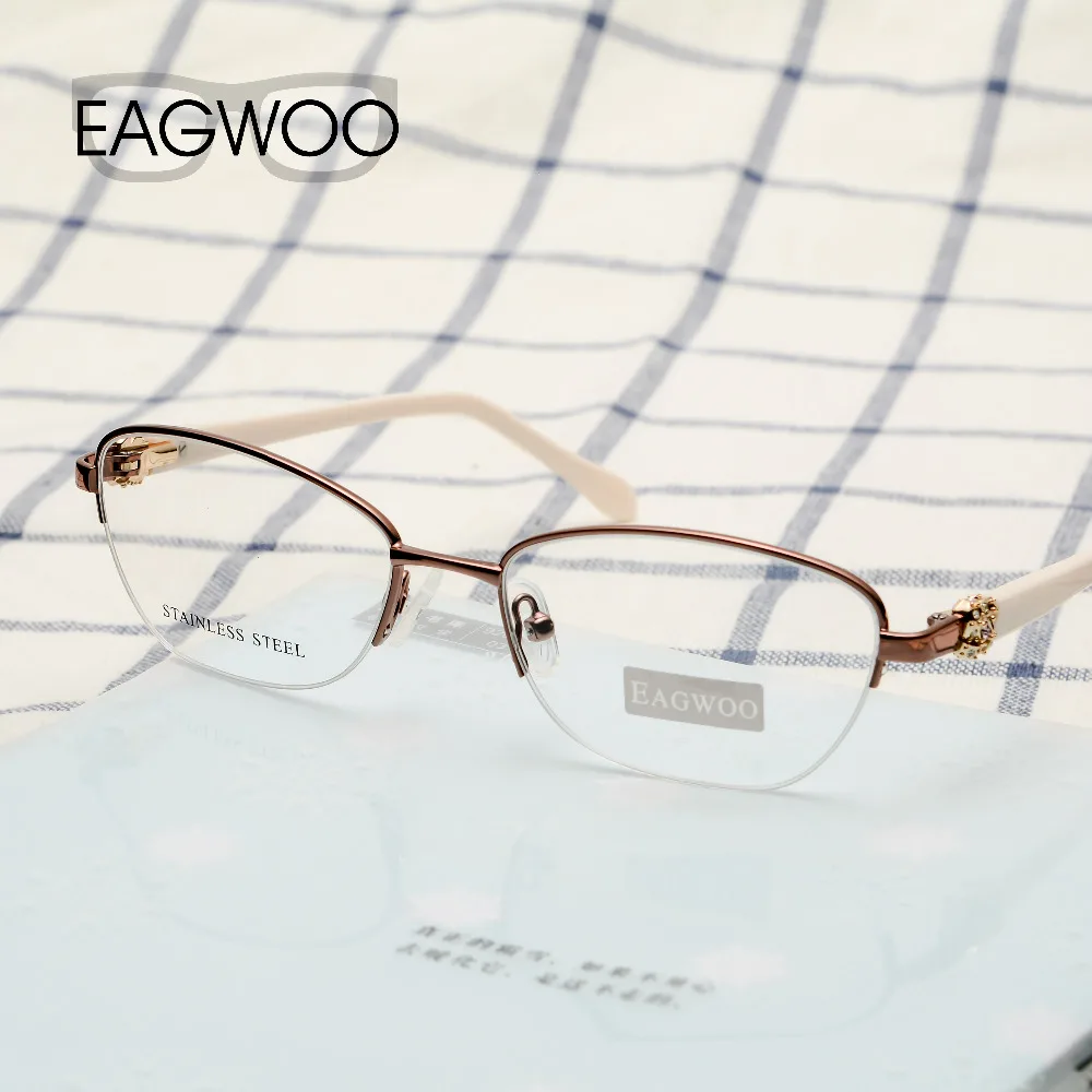 

EAGWOO Women Vintage Designed Diamond Eyeglasses Half Rim Optical Frame Prescription Brand Eye Glasses Green Pink Blue 7815